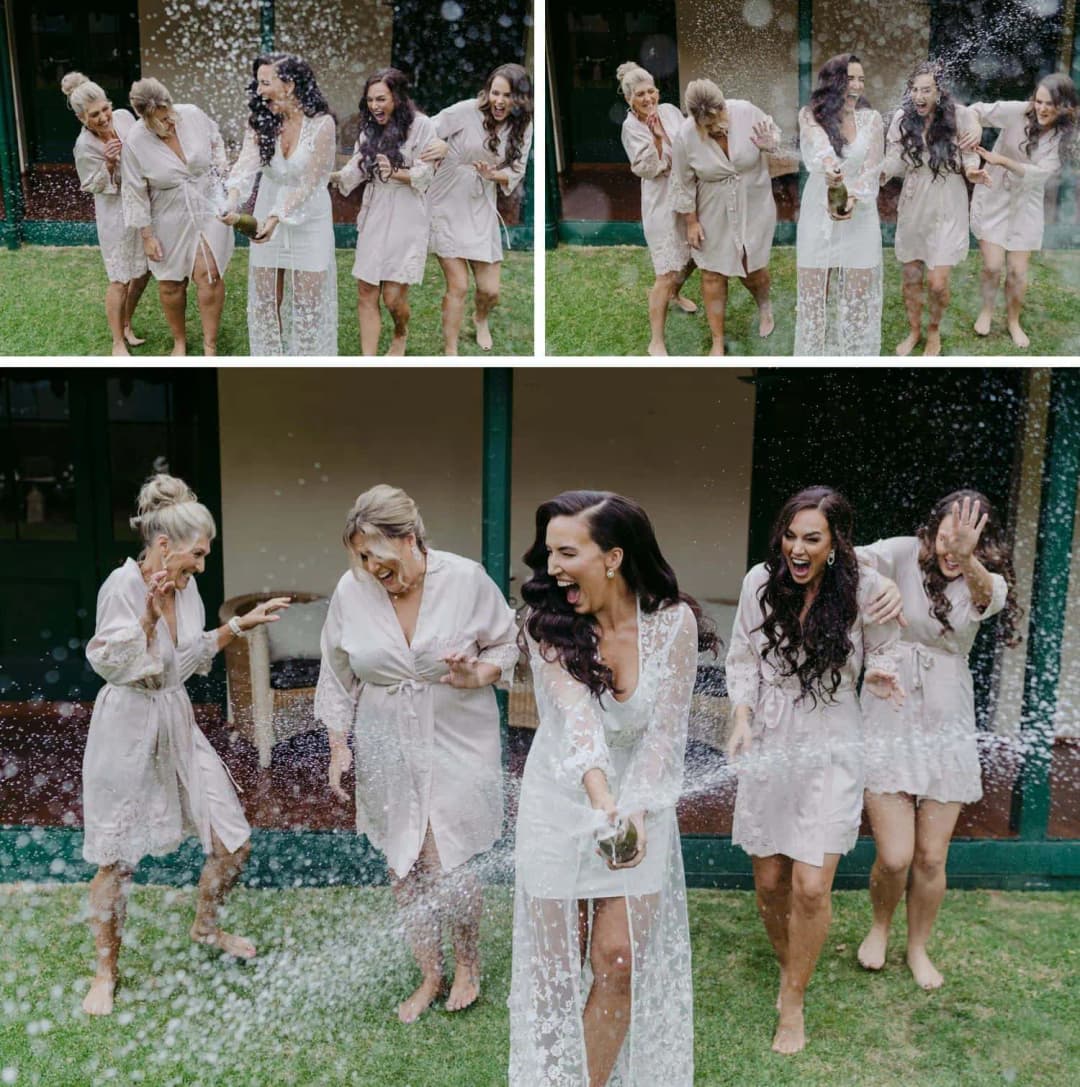 Three photographs of women in pale robes celebrating with spraying drinks outside