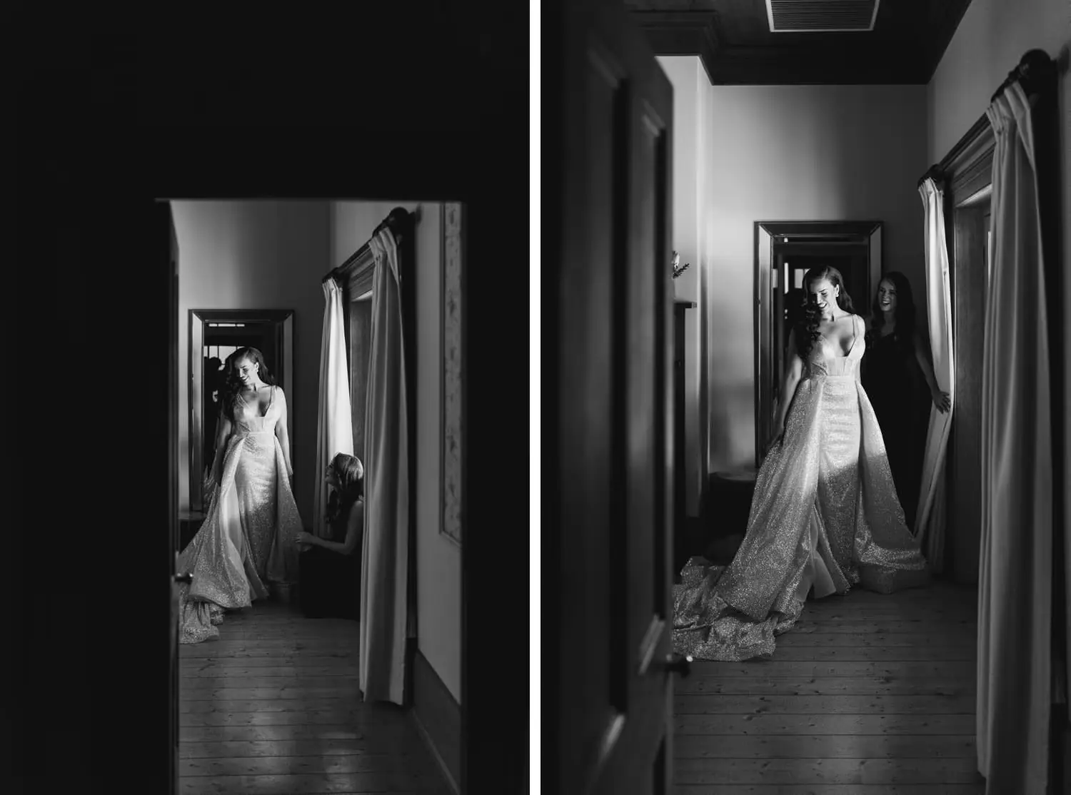 Two black and white photographs of the bride standing in a hallway in her wedding dress