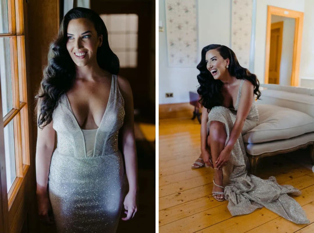 Two photographs of the bride smiling beside a window and fastening her shoe