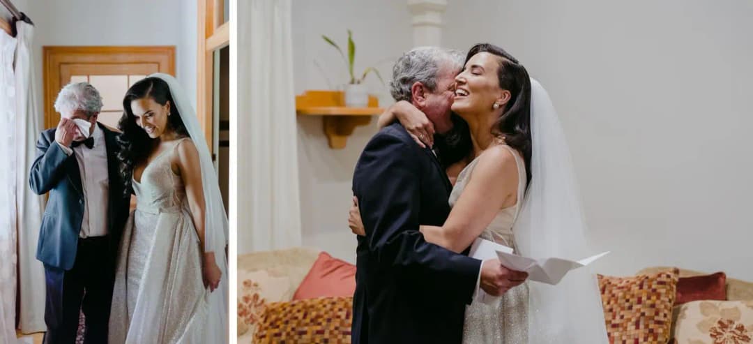 Two photographs of the bride greeting and hugging a grey-haired man indoors