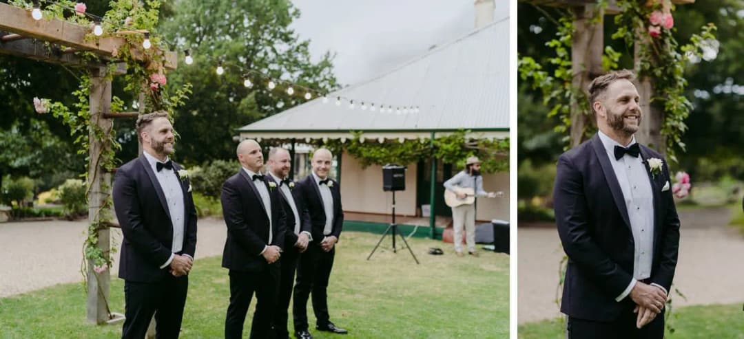 Two photographs of the groom and groomsmen waiting at the outdoor ceremony