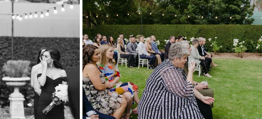 Two photographs of guests reacting and laughing during the outdoor ceremony