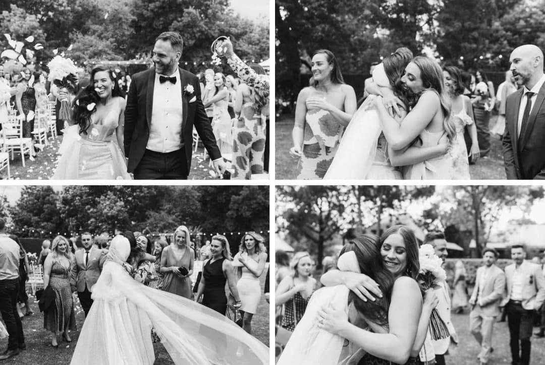 Four black and white photographs of the couple celebrating and embracing guests after the ceremony