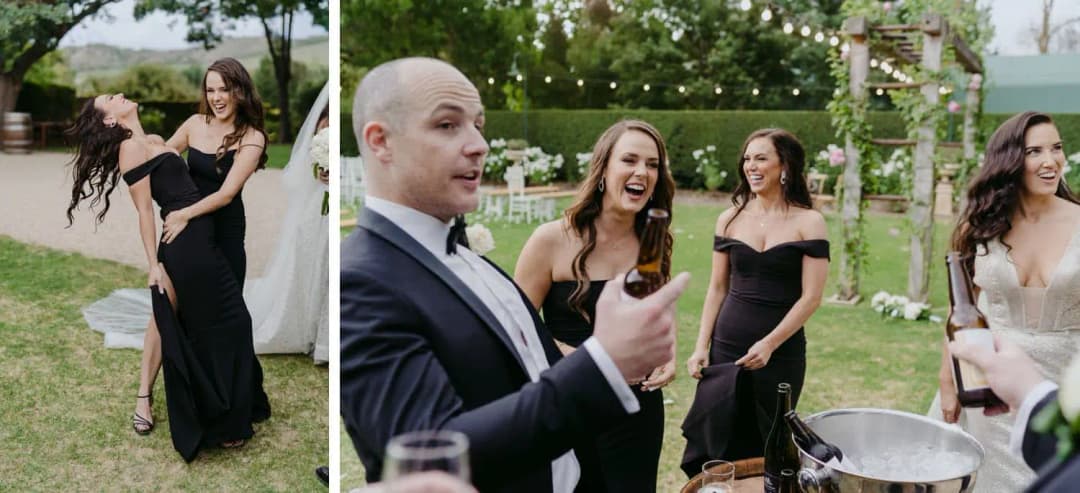 Two photographs of wedding party members laughing together after the ceremony