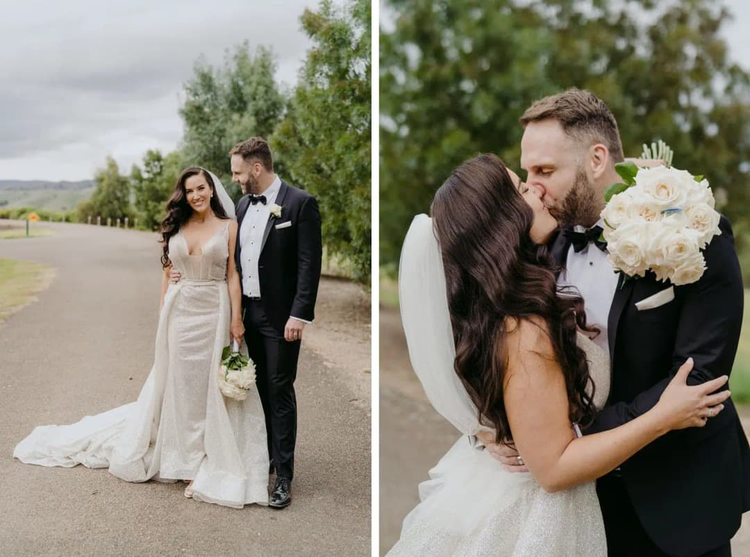 Two photographs of the bride and groom standing together and kissing beside a driveway