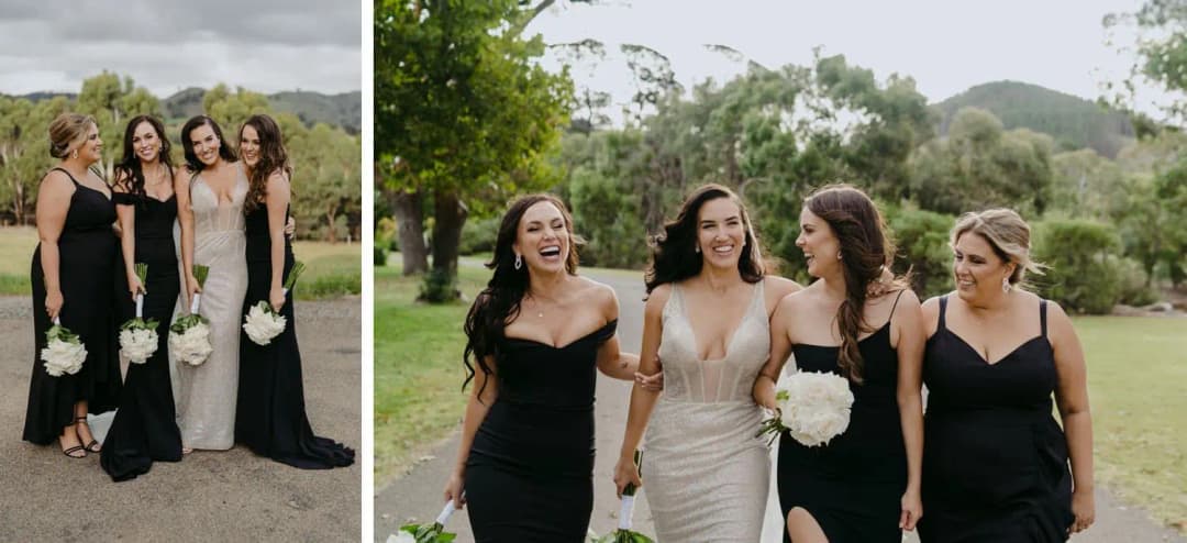 Two photographs of the bride and three bridesmaids posing and laughing together outdoors