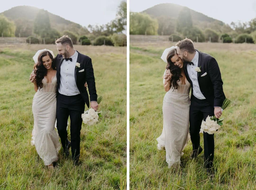 Two photographs of the bride and groom walking arm in arm through long grass