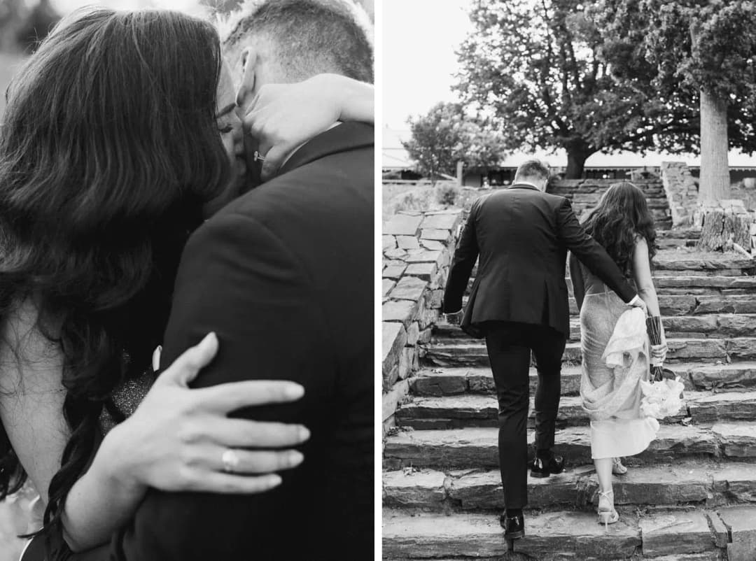 Two black and white photographs of the couple embracing and walking up stone steps