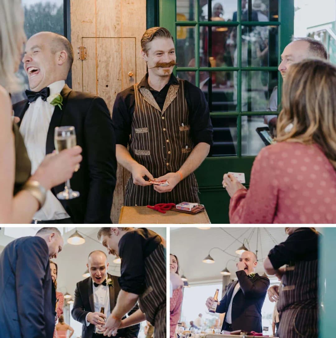 Three photographs of a man showing playing cards to laughing reception guests