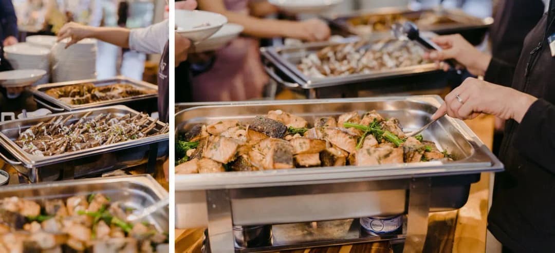 Three photographs of guests serving themselves food from buffet trays
