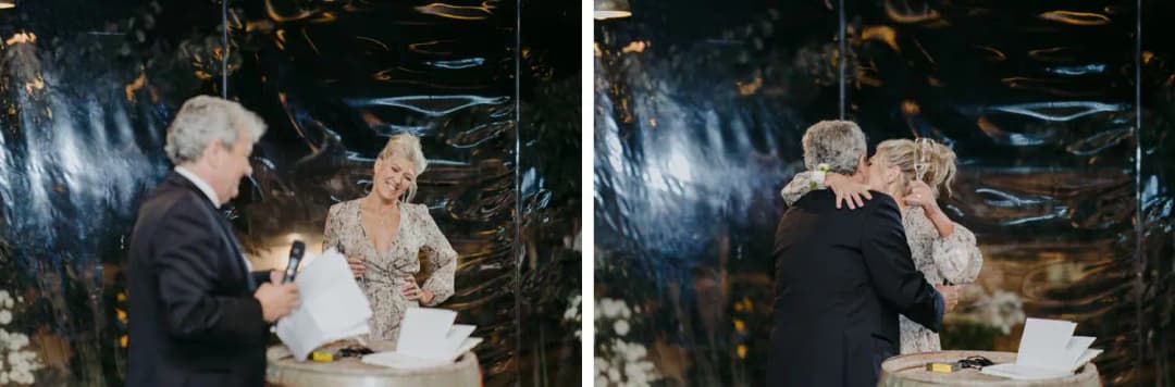 Two photographs of a suited man and a woman speaking and embracing during the reception