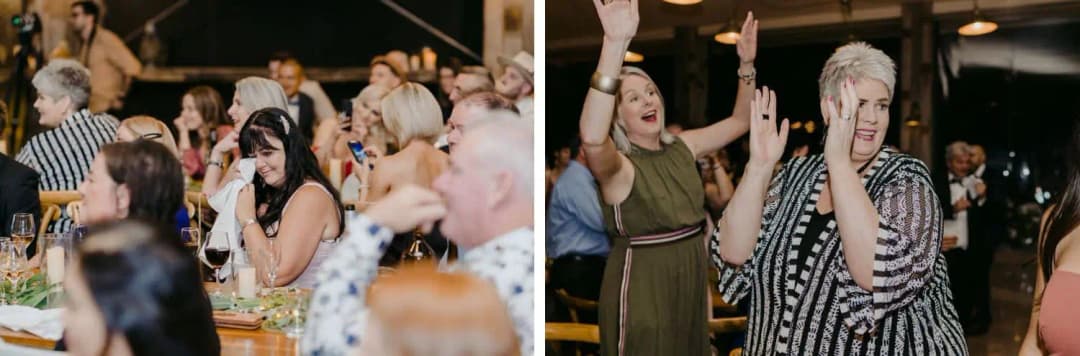 Two photographs of seated guests cheering and raising their hands at the reception