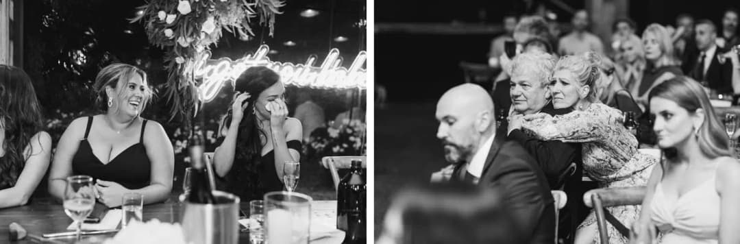 Two black and white photographs of seated guests laughing during the reception