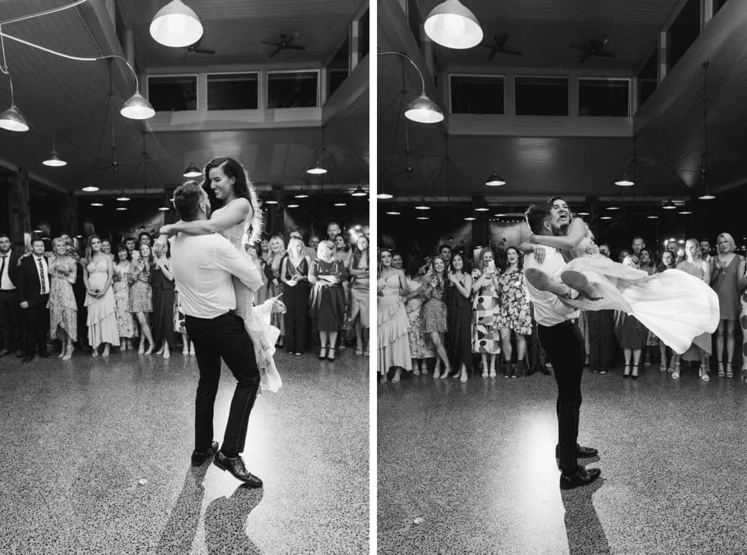 Two black and white photographs of the groom lifting and spinning the bride on the dance floor