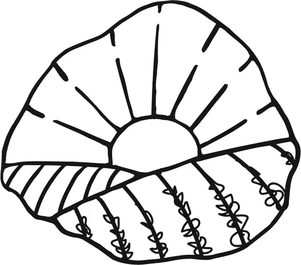 Black and white line illustration of the sun rising above rows of vines