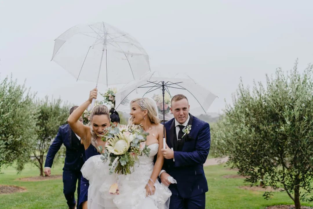Couple and a bridesmaid shelter beneath clear umbrellas among vineyard rows.