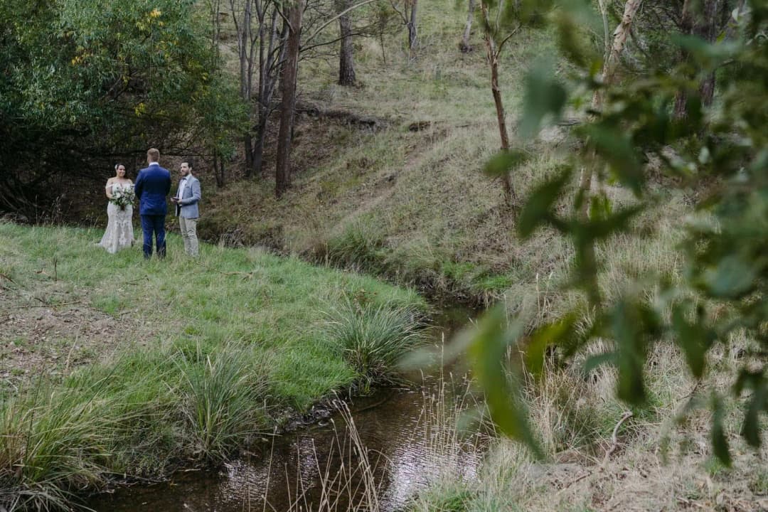 Wide view of a small wedding ceremony beside a wooded creek.