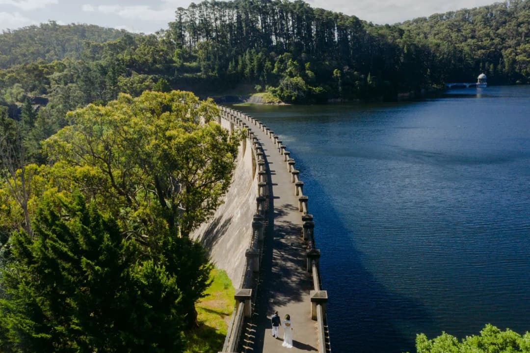 Aerial view of a road curving alongside a wooded reservoir.