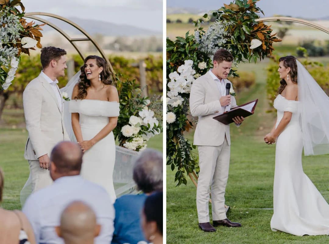 Two photographs of the couple laughing and the groom reading from a book beneath the floral arch.