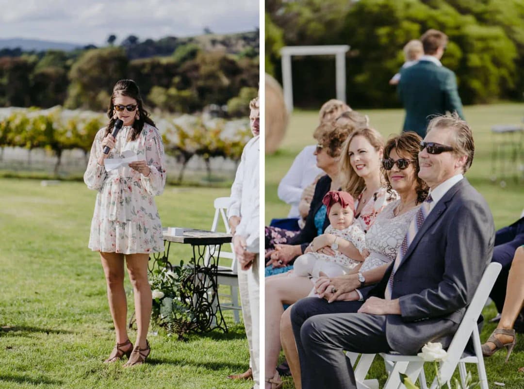 Two photographs of a woman speaking into a microphone and seated ceremony guests with a baby.