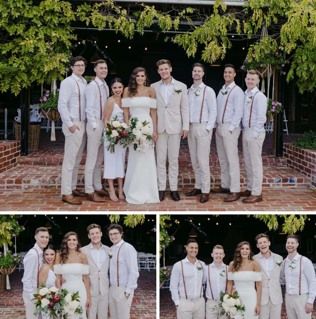 Three group portraits of the couple and their wedding party beneath a leafy pergola.