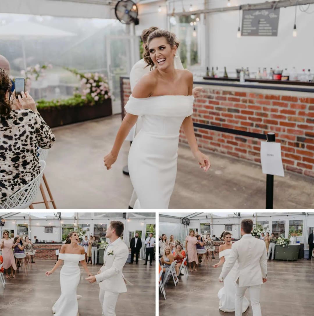 Three photographs of the bride and groom entering the marquee and greeting guests.