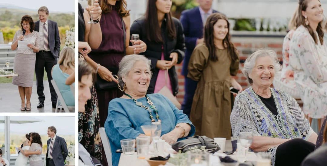 Three photographs of guests standing and sitting together during reception speeches.