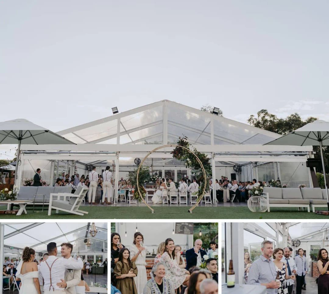 Four photographs of the marquee exterior and guests gathered for reception speeches.