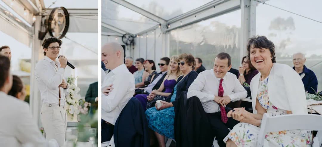 Two photographs of a man speaking into a microphone and guests laughing at a reception table.