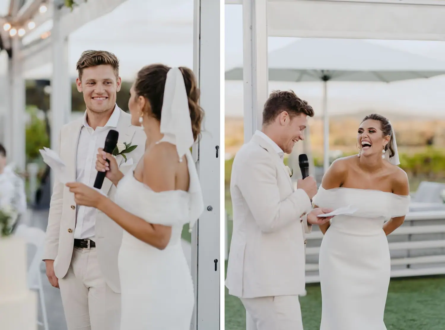 Two photographs of the bride and groom speaking into a microphone and laughing.