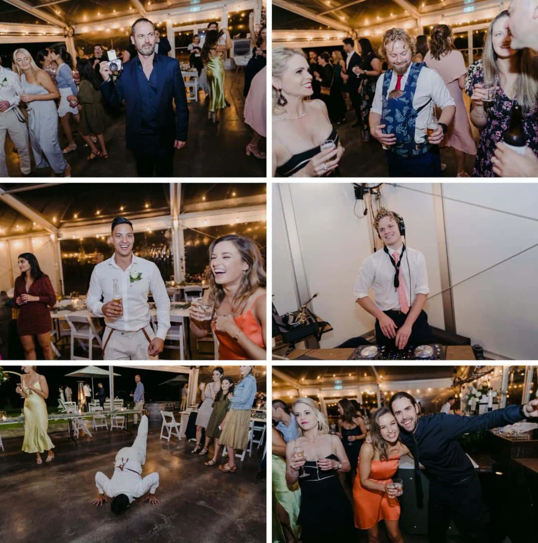 Six photographs of guests dancing, a DJ wearing headphones, and a man doing a headstand.