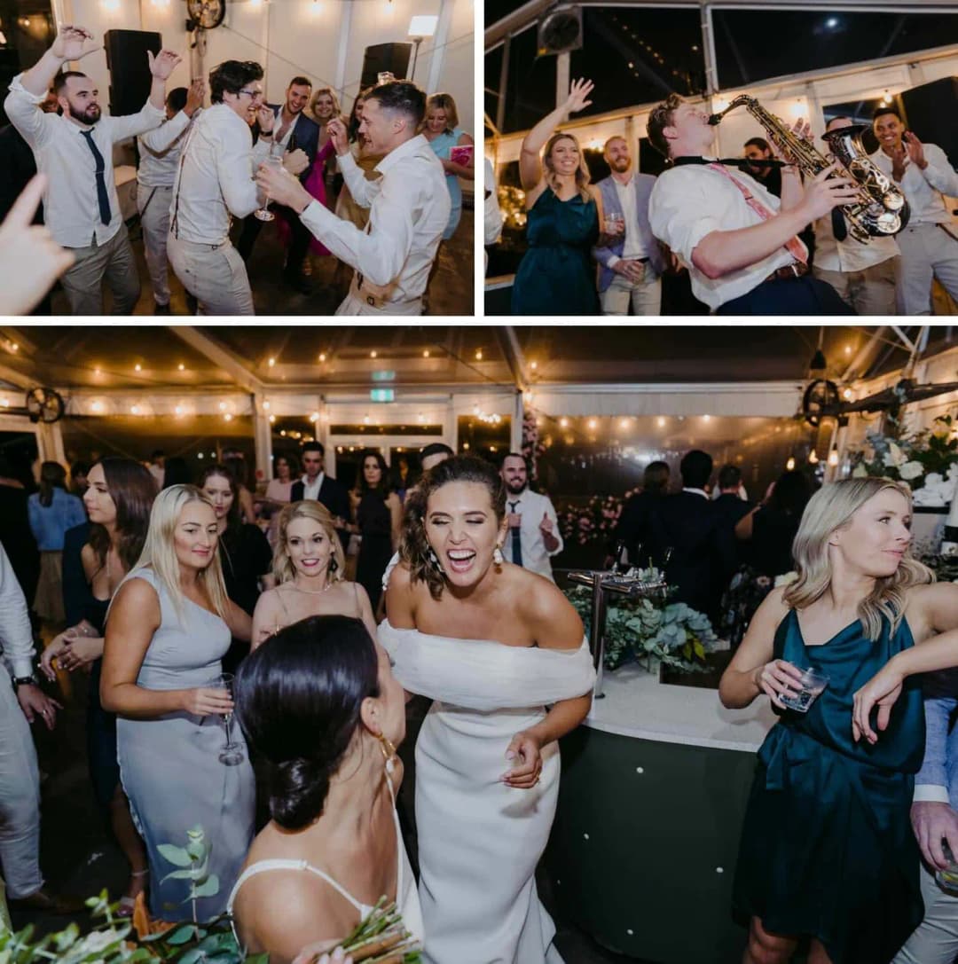 Three photographs of guests and the wedding party dancing together at the reception.