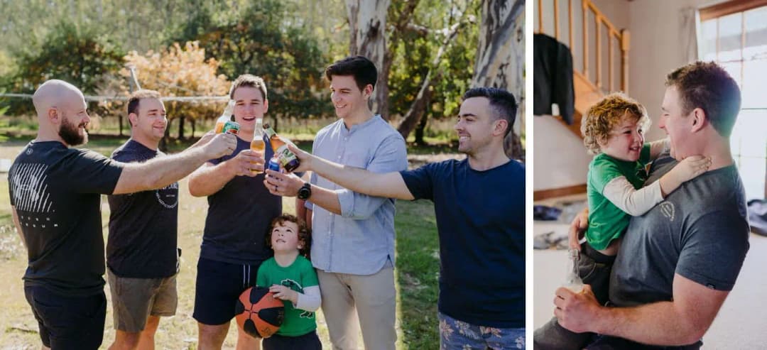 Two photographs of men clinking bottles outdoors and a man holding a child.