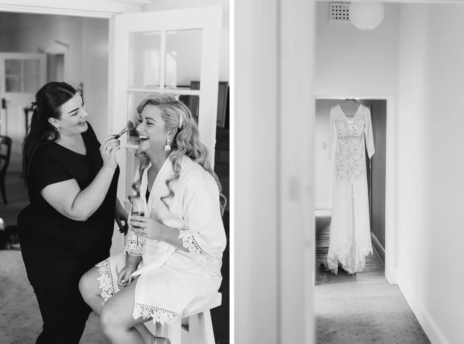 Two black-and-white photographs of the bride having makeup applied and her wedding dress hanging in a doorway.