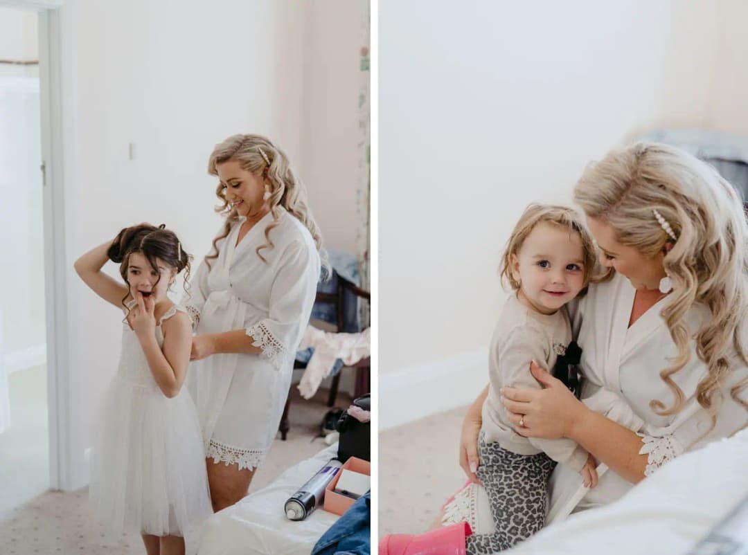 Two photographs of the bride helping a young girl get ready and holding her close.