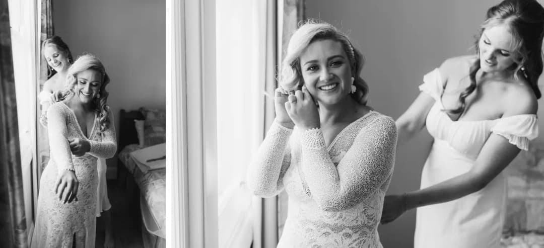 Two black-and-white photographs of women helping the bride fasten her lace wedding dress.