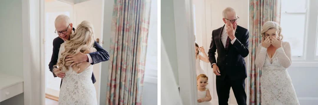 Two photographs of the bride embracing a man in glasses and both reacting beside a small child.