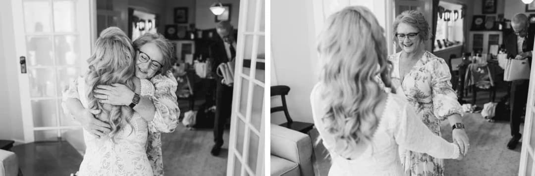 Two black-and-white photographs of the bride embracing a woman in glasses.