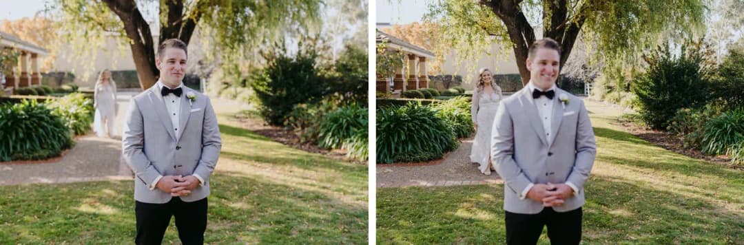 Two portraits of the groom in a grey jacket and black bow tie standing on a lawn.
