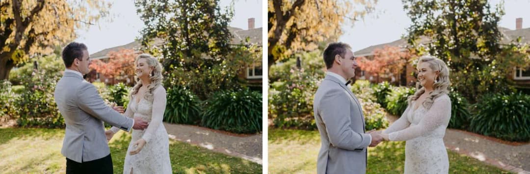 Two photographs of the bride and groom smiling and holding hands in a garden.