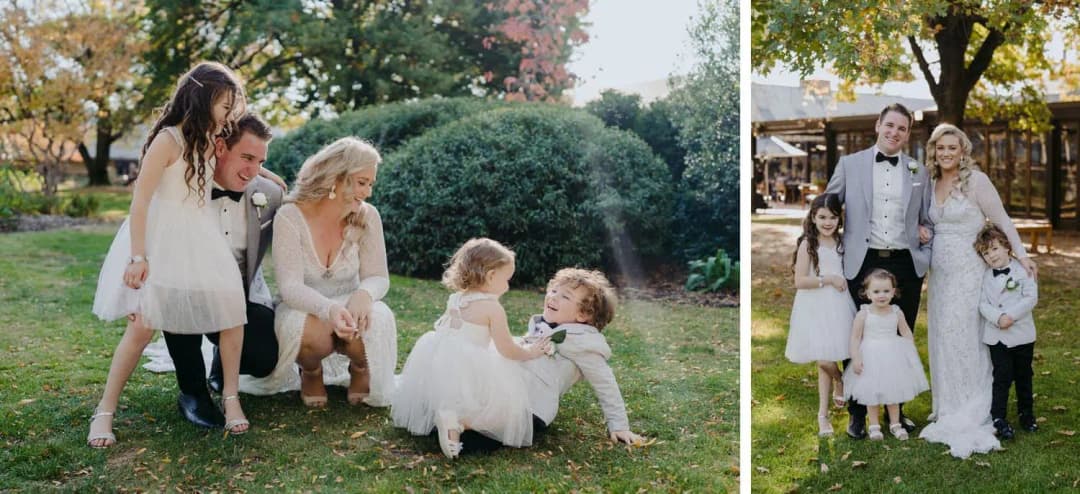 Two photographs of the couple with three children on the lawn.