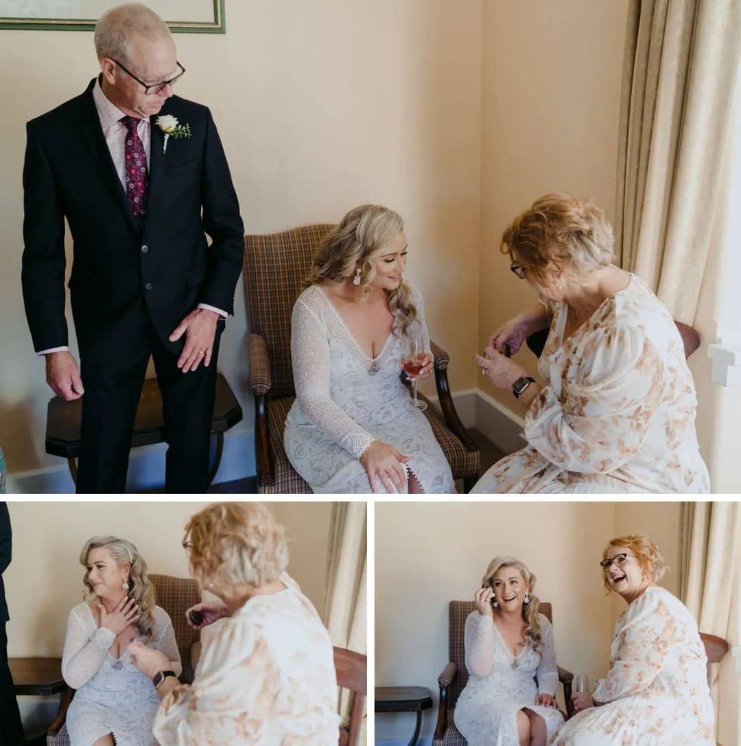 Three photographs of the seated bride talking with a woman while a suited man stands nearby.
