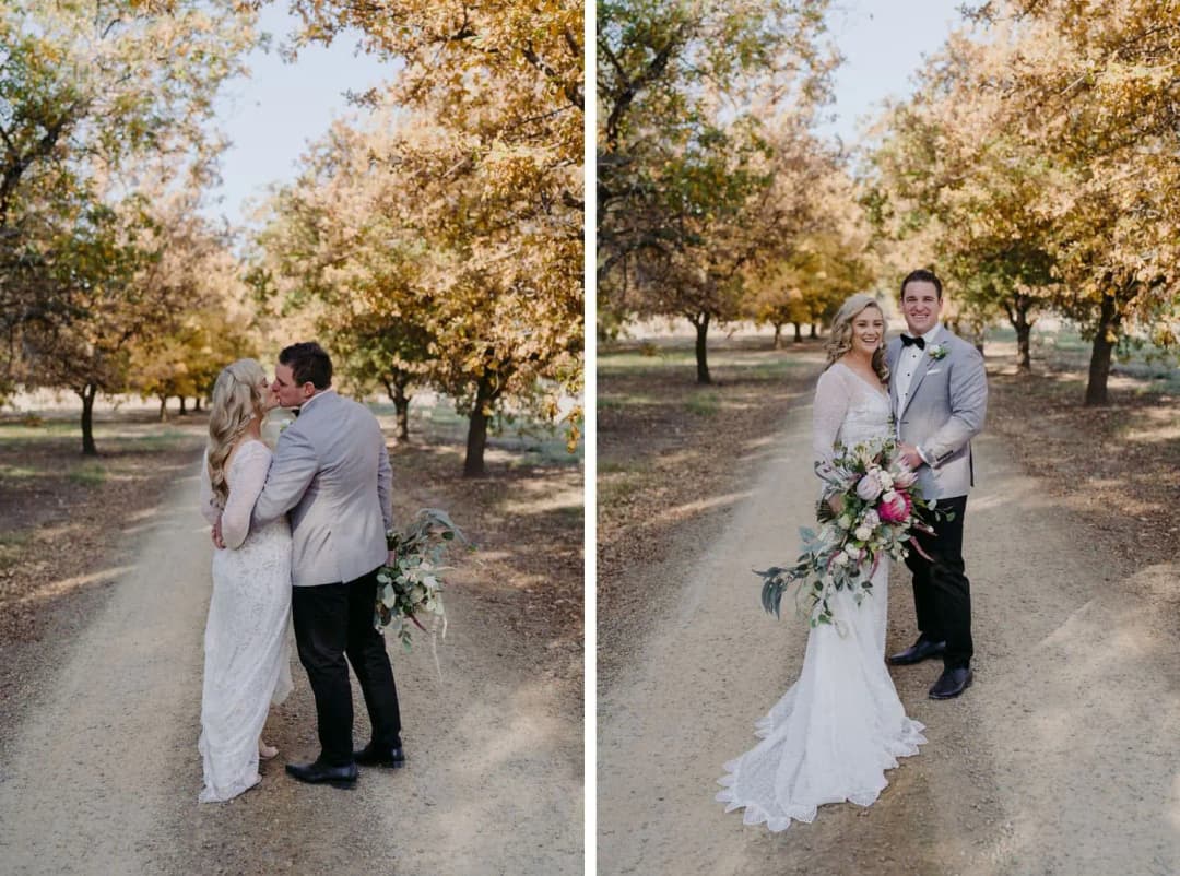Two portraits of the couple embracing on an avenue lined with autumn trees.