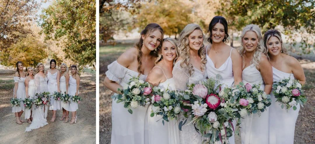 Two photographs of six women in white dresses holding colourful flower bouquets.