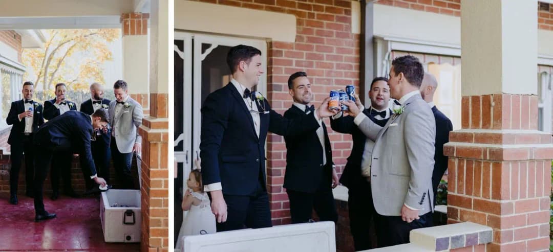 Two photographs of suited men gathering on a veranda and clinking glasses.