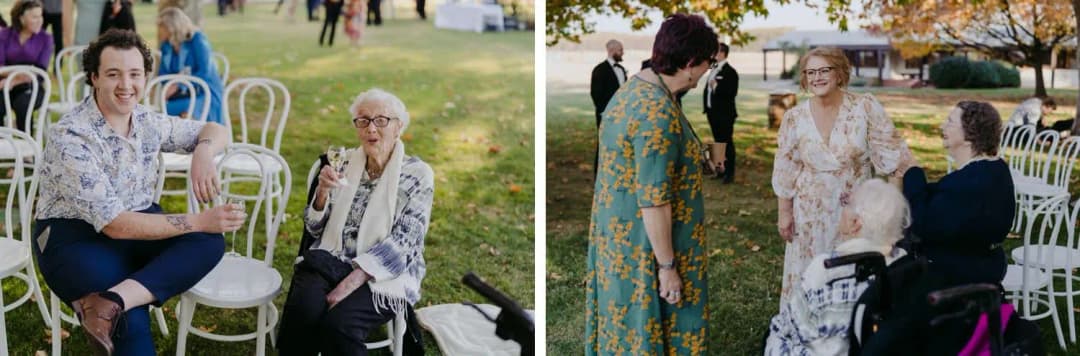 Two photographs of guests chatting among white ceremony chairs outdoors.