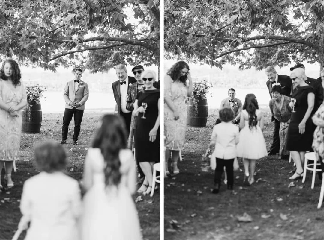 Two black-and-white photographs of children walking between standing ceremony guests.