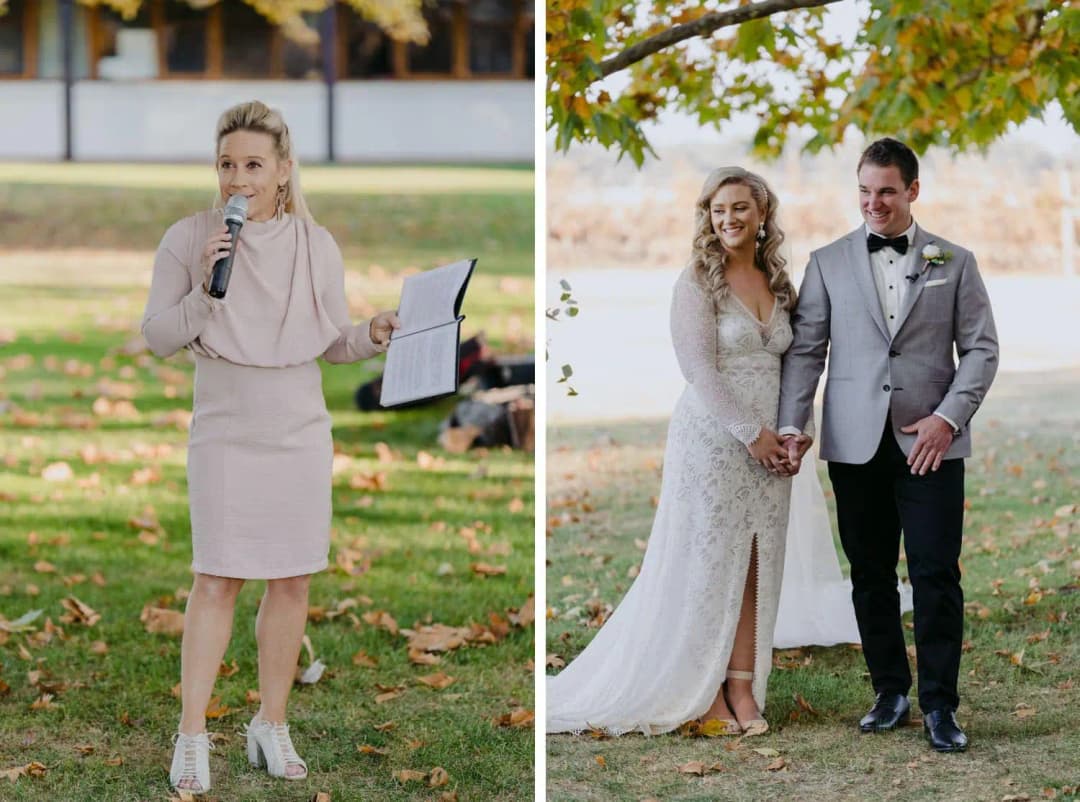 Two photographs of the celebrant speaking and the couple holding hands at the ceremony.