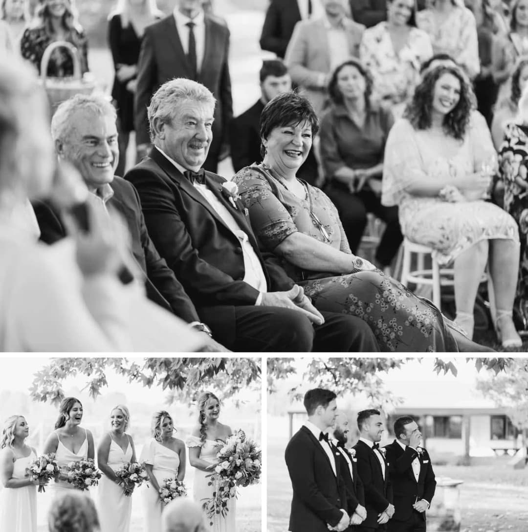 Three black-and-white photographs of seated guests and wedding party members at the ceremony.