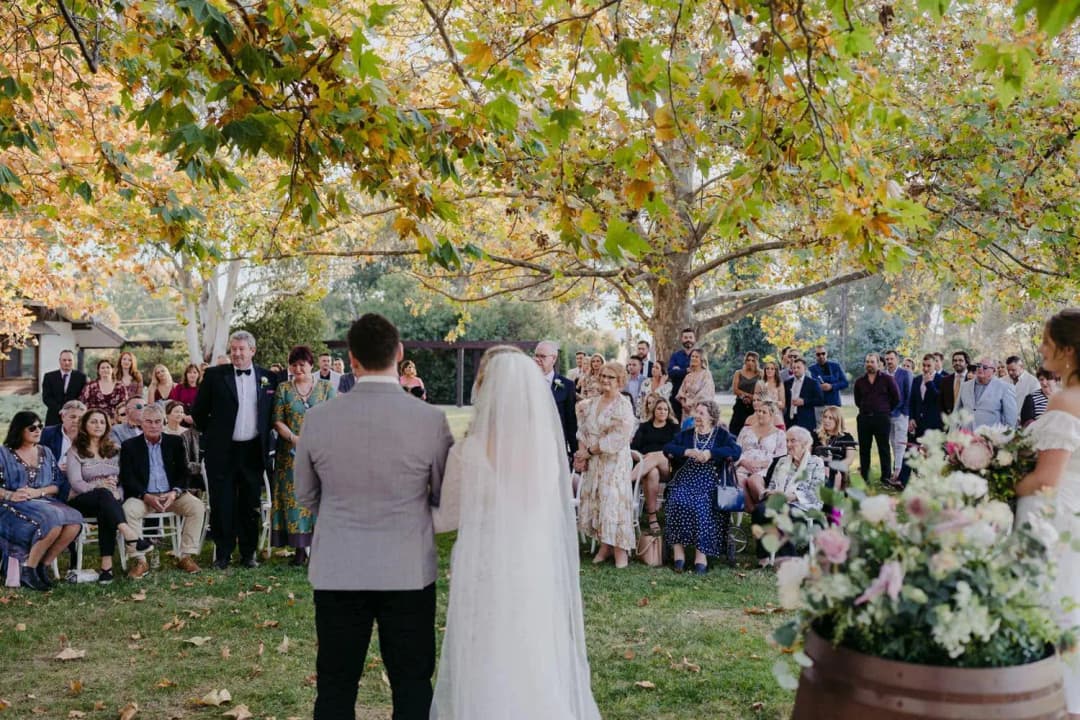 Bride and groom facing seated guests beneath a leafy tree.